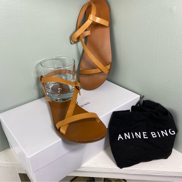 Anine Bing Rococo Flats Yellow Tan Leather Sandals Strappy Size 37 or 7 US - Picture 2 of 13